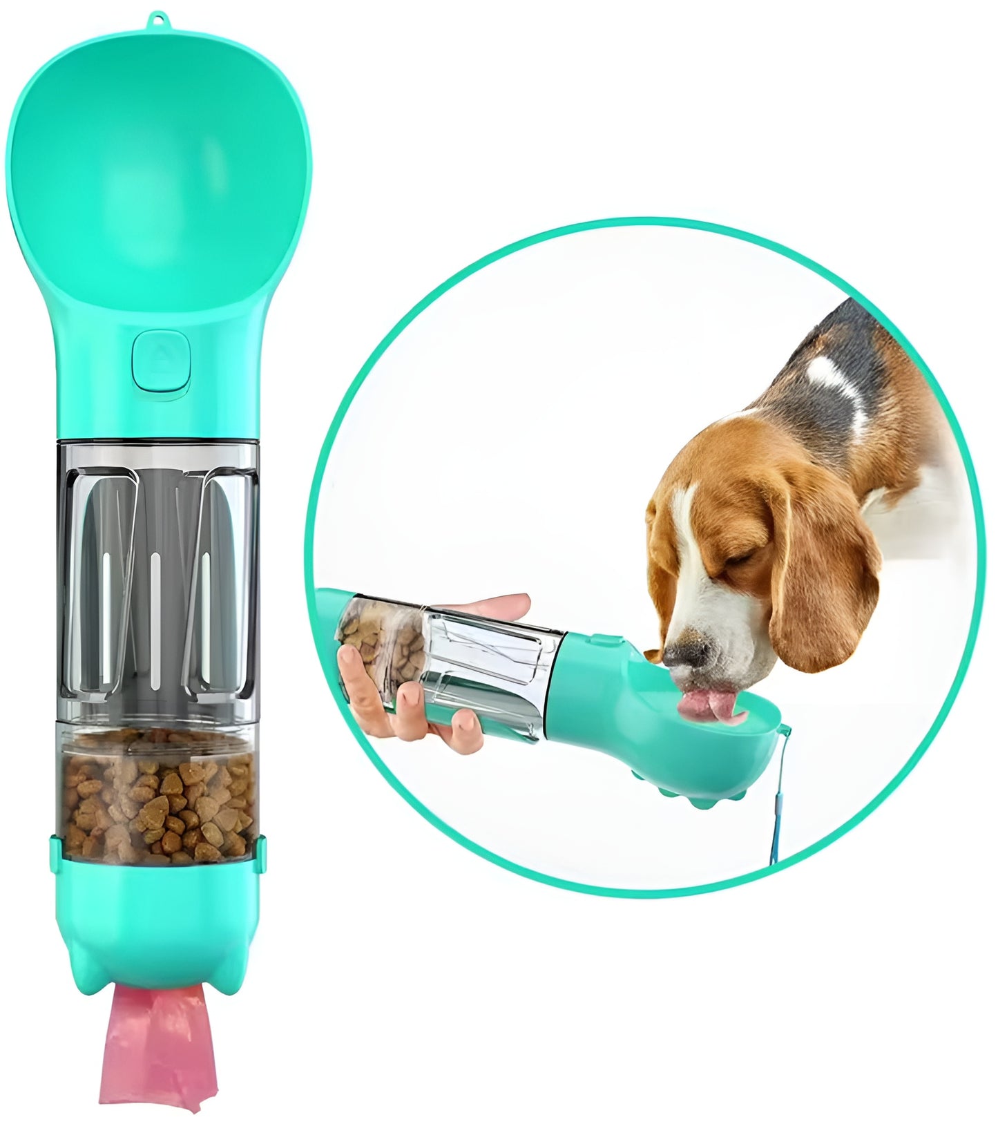 3-in-1 Dog Travel Bottle – Water, Food & Poop Bags